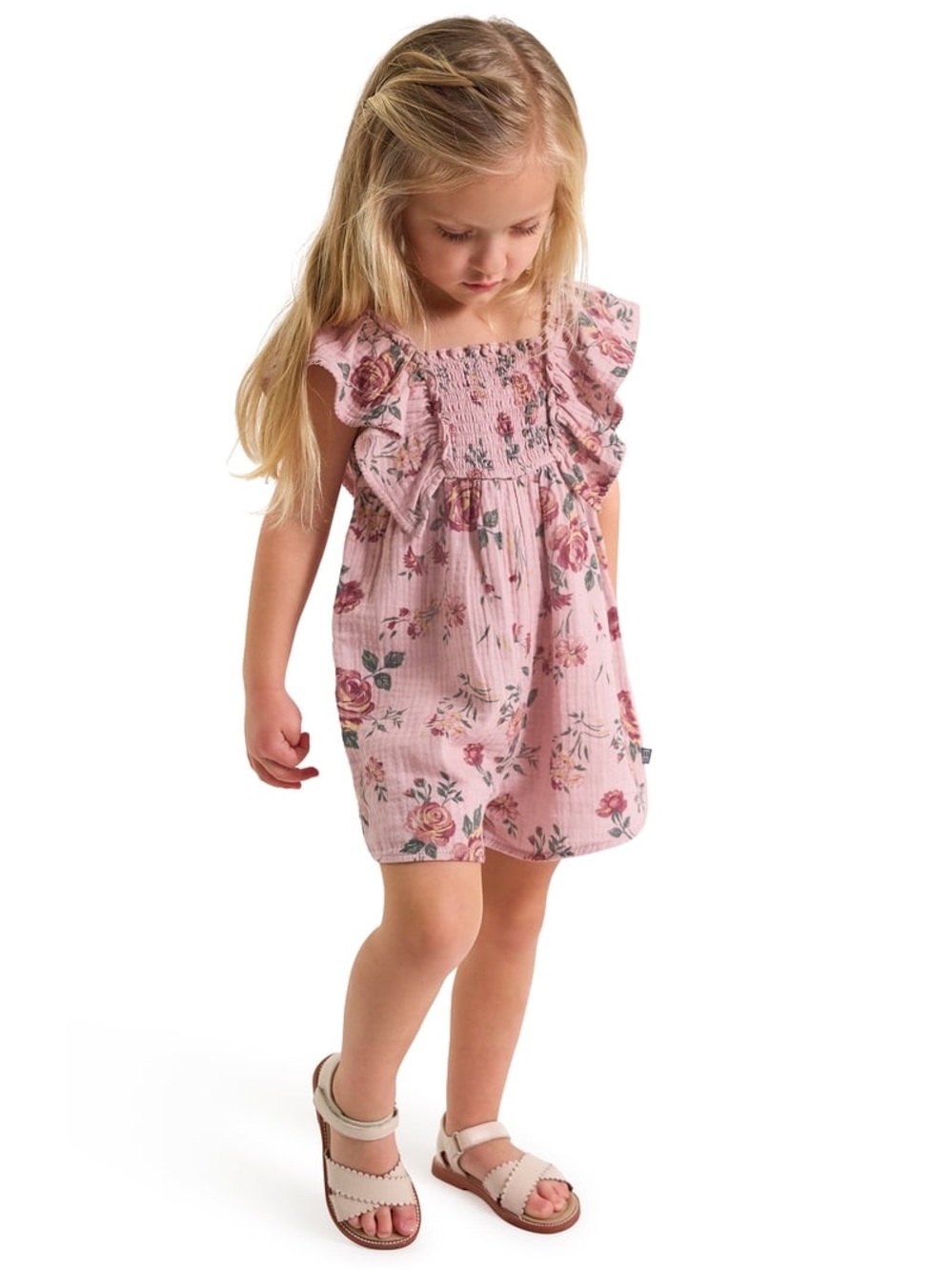 Girls' Pink Floral Smocked Romper with Flutter Sleeves